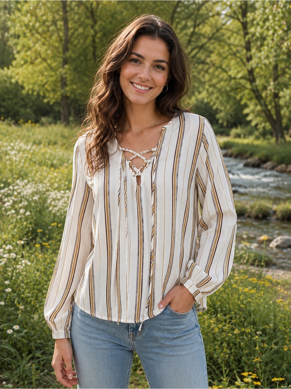 BUCKLE BLACK Boho Striped Lace-Up V-Neck Tunic - White, Gold, Brown Size Small